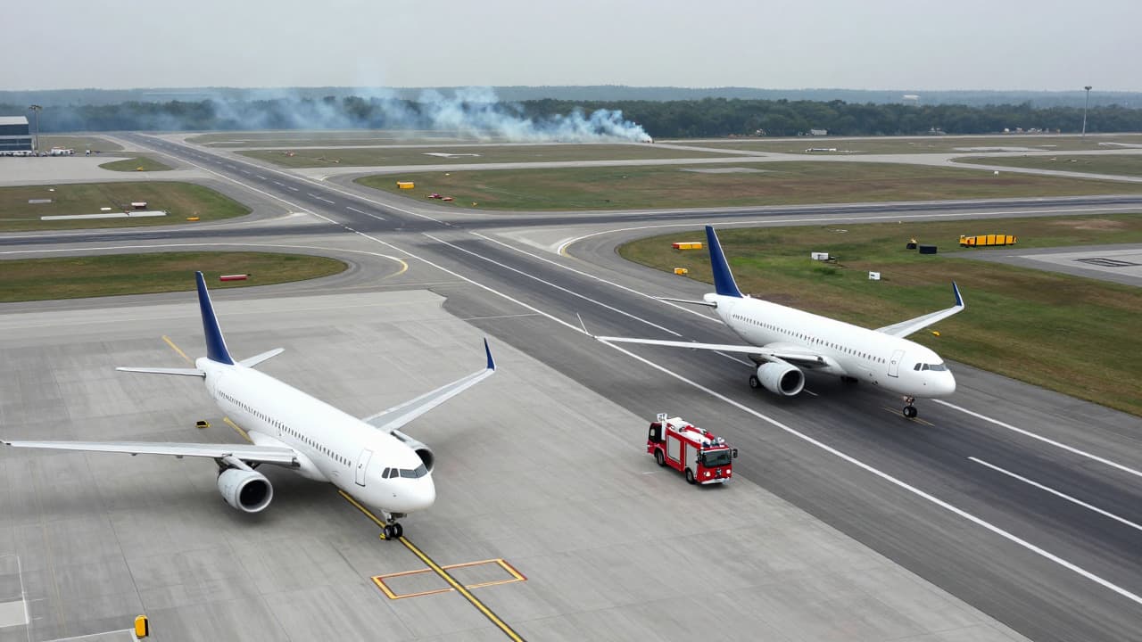 Aerial view of busy airport tarmac showing fire truck and aircraft during overcast conditions.