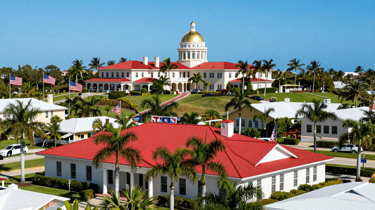 Florida coastal town with campaign banners and a distant estate with a golden dome.