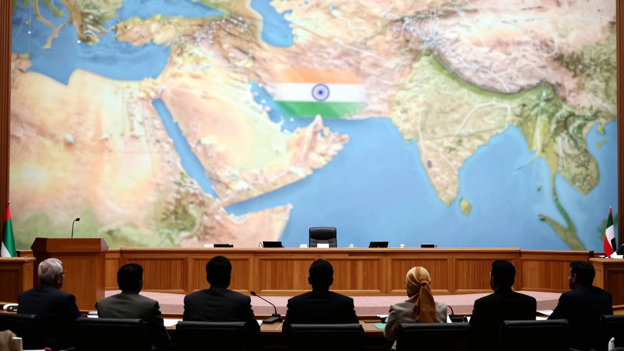 Silhouette of Indian politicians in a parliamentary meeting discussing Middle East diplomatic relations and energy security.