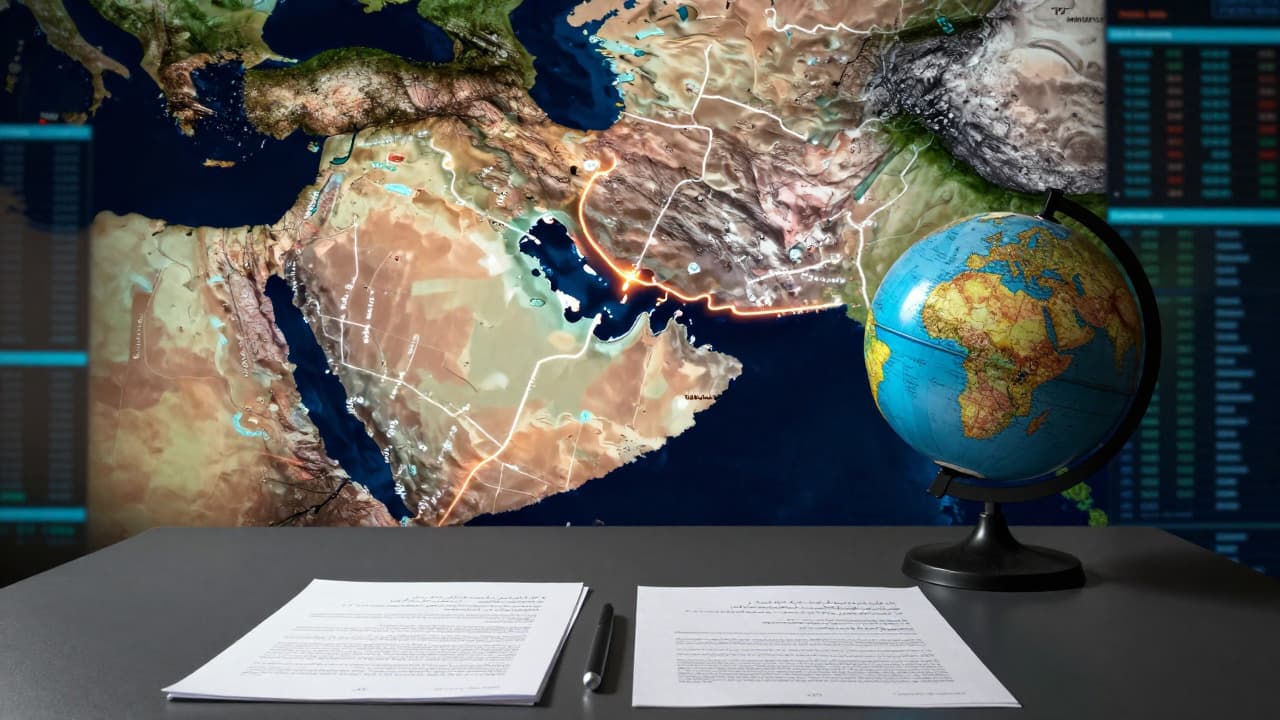 A photorealistic diplomatic scene showing a map of the Middle East and the Strait of Hormuz with symbolic peace documents on a table.