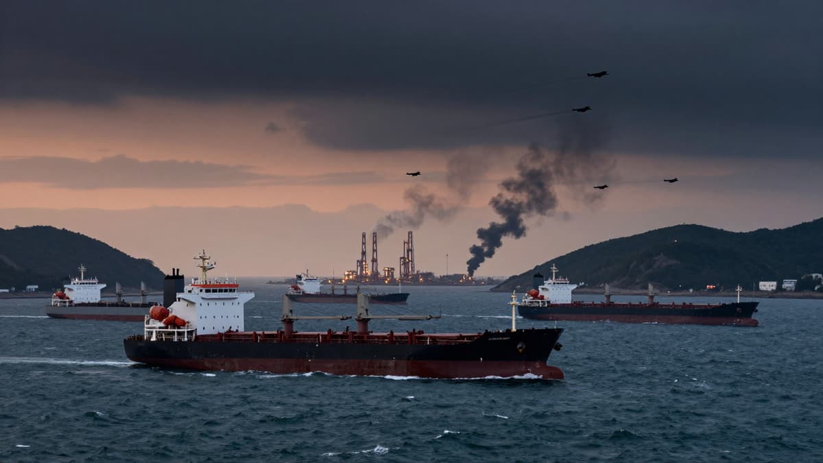 Ships halted in a waterway near smoke rising from oil facilities and fighter jets in the sky.