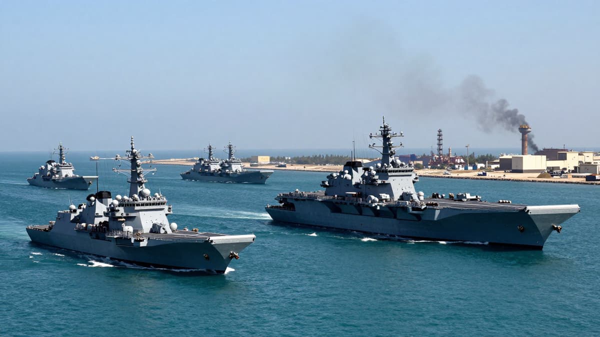 US amphibious assault ships and aircraft carriers maneuvering near the Strait of Hormuz during a major military deployment.