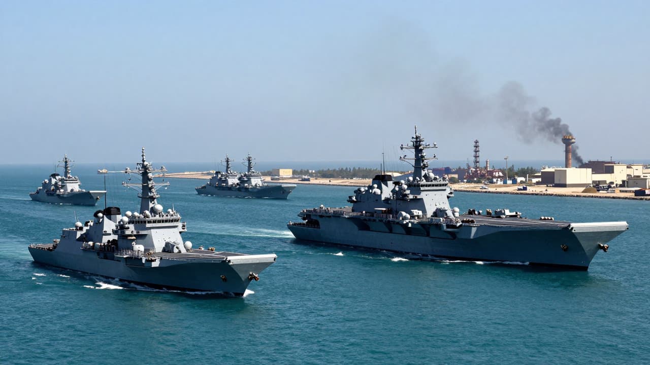 US amphibious assault ships and aircraft carriers maneuvering near the Strait of Hormuz during a major military deployment.