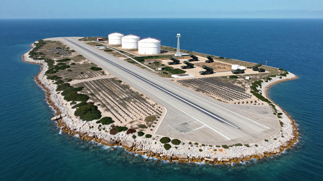Aerial view of Kharg Island showing military fortifications, mines, and air defense systems along the coastline.