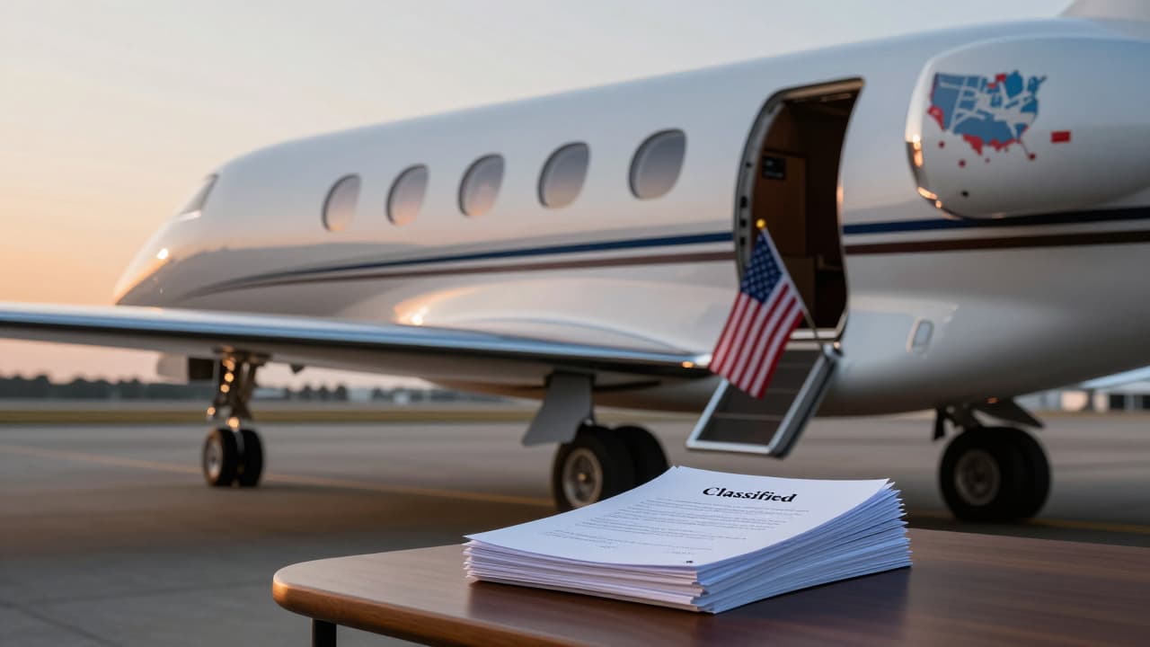 Private jet on tarmac with US flag and stack of classified government documents.