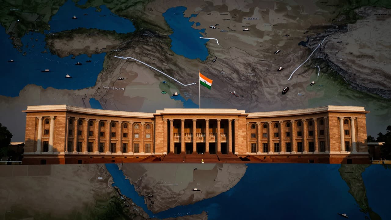 Indian Parliament building exterior with a flag and digital map highlighting Middle East trade routes.