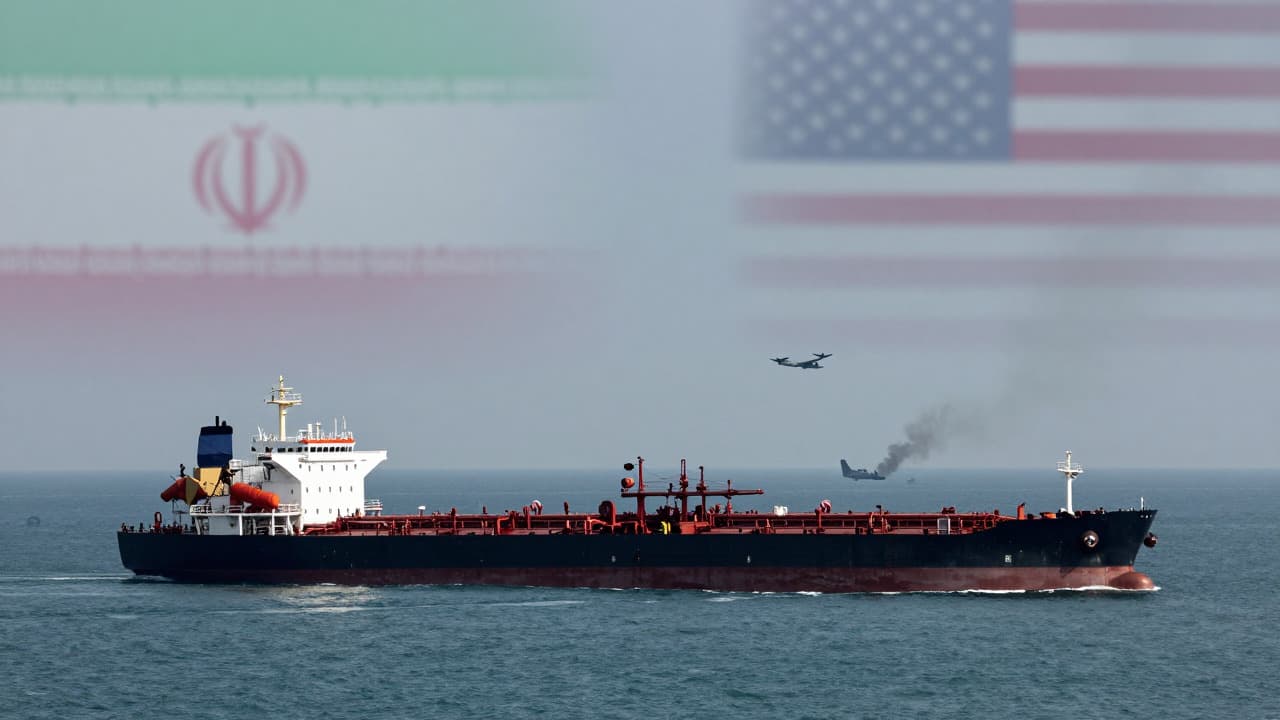 Military activity and oil tankers in the Strait of Hormuz with flags representing Iran and the US in the background.