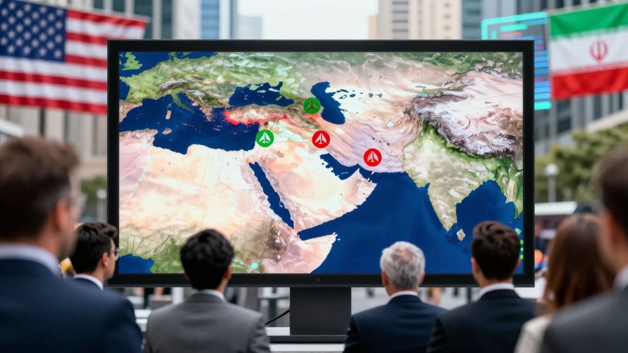 Digital news broadcast showing Middle East conflict map and US-Iran flags on a screen in a financial district.