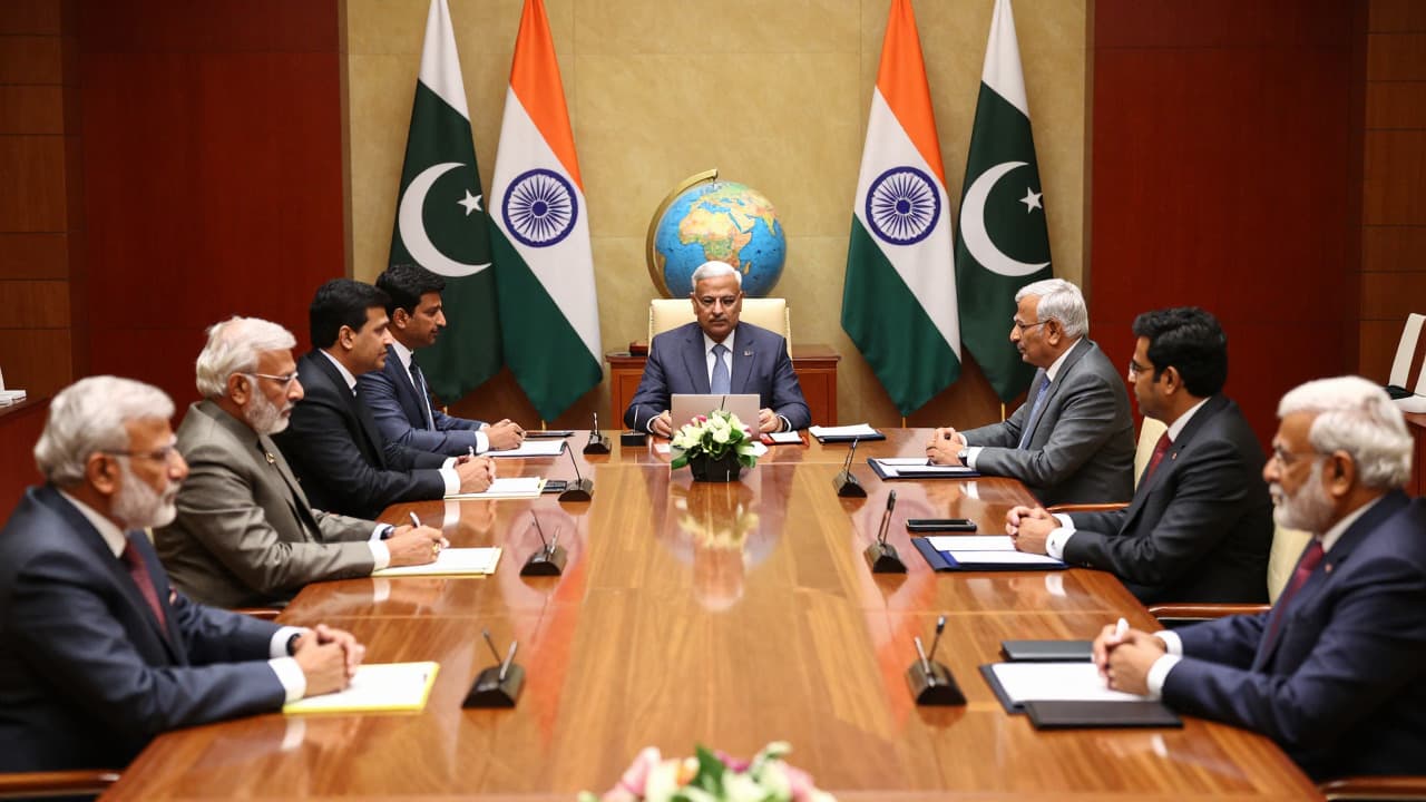 A formal diplomatic meeting in New Delhi with Indian and Pakistani flags displayed, highlighting discussions on international mediation.
