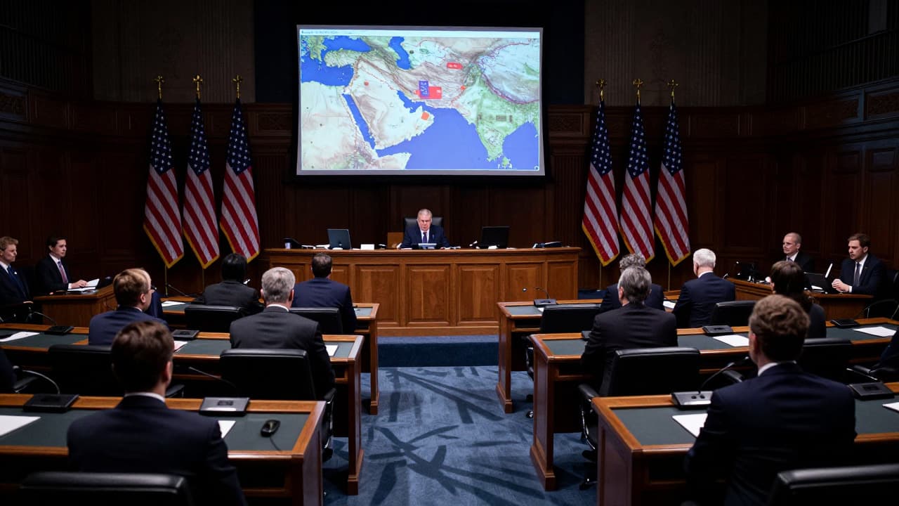 Tense atmosphere in a legislative chamber during a briefing on Middle East military action.