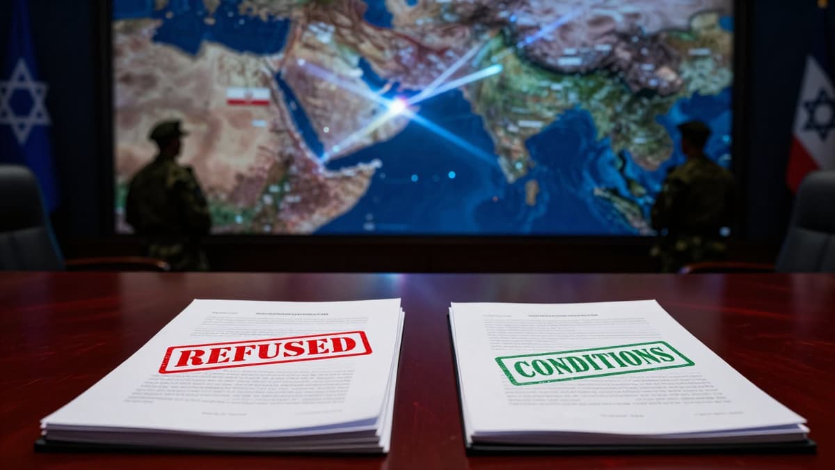 A tense diplomatic meeting table with documents marked refused and conditions, set against a backdrop of a Middle East map and military silhouettes.