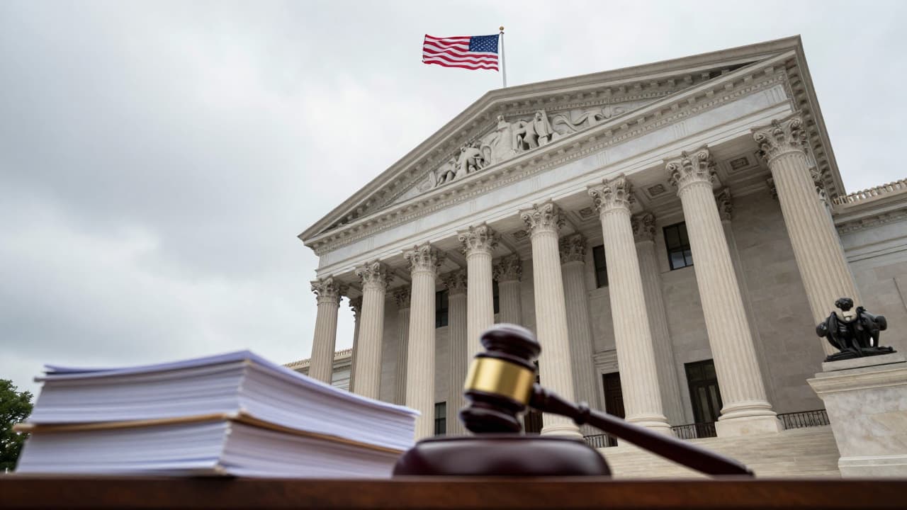 Low angle view of a federal courthouse with American flag, legal documents, and gavel representing housing insurance fraud litigation.