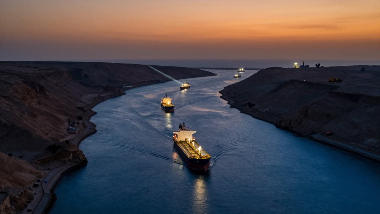 Aerial view of the Strait of Hormuz at twilight with oil tankers and distant military silhouettes symbolizing regional tension.