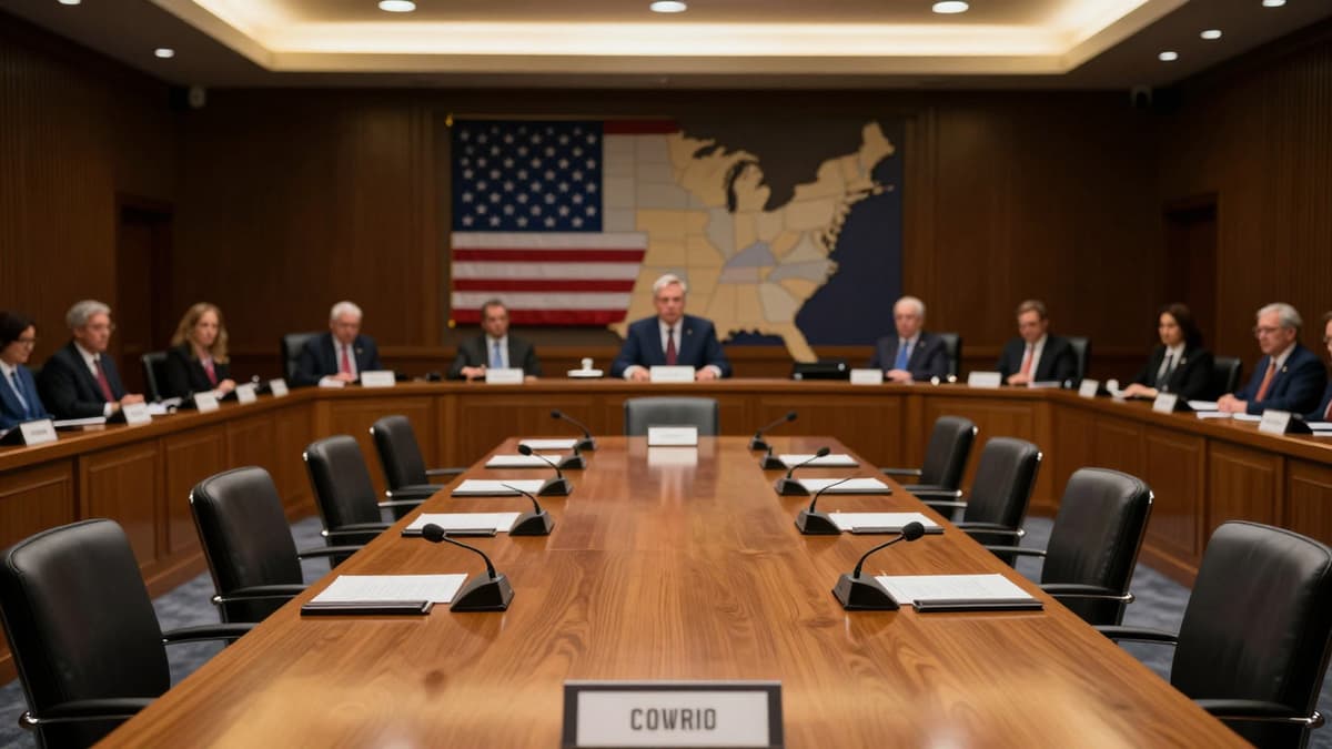 Formal congressional hearing room with American flags and Middle East map symbolizing strategic military discussions.