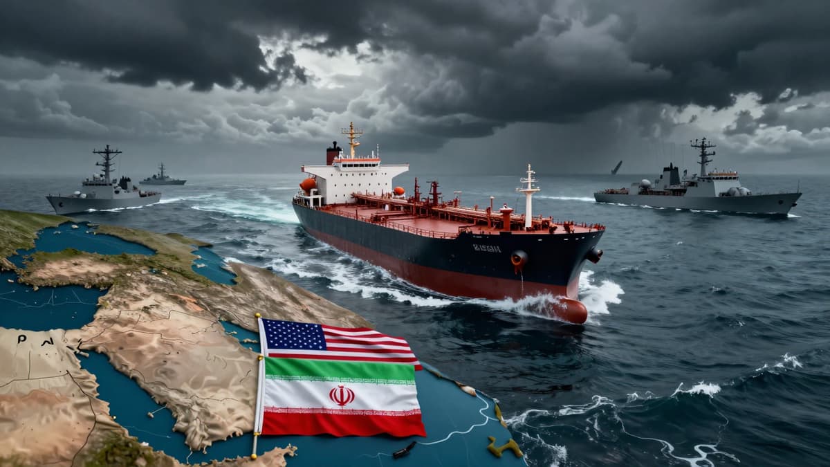 Realistic 3D scene of a tanker in a strait with storm clouds and fragmented US and Iranian flags symbolizing conflict.