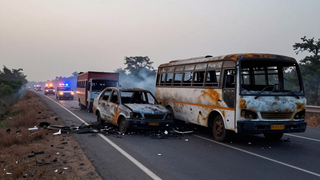 Charred wreckage of a bus and truck after a collision on a rural highway with emergency lights.