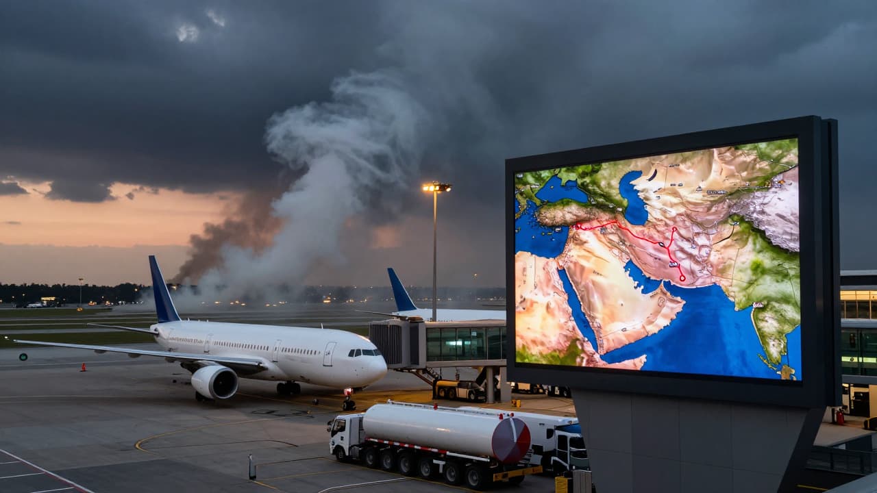 Grounded aircraft at a Middle East airport with smoke and a map highlighting the blocked Strait of Hormuz.