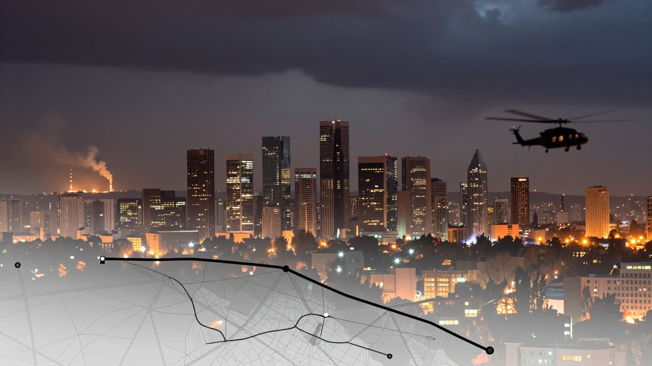 Smoke rises from industrial sites in a city skyline at twilight, symbolizing the ongoing conflict and aviation disruption.