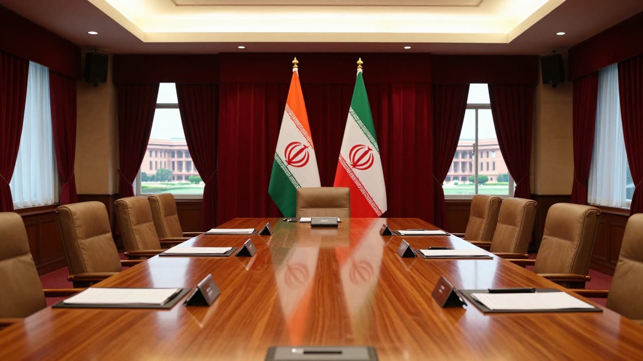 Formal diplomatic conference table with Indian and Iranian flags symbolizing regional talks.