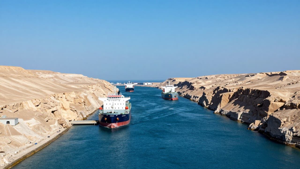 Large commercial oil tankers and cargo ships navigating a narrow, sunlit maritime channel surrounded by rocky desert terrain.