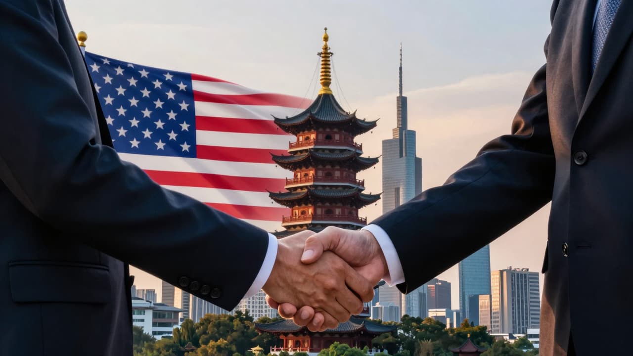 Symbolic handshake between US and Chinese flags against a blended modern skyline backdrop representing international relations.