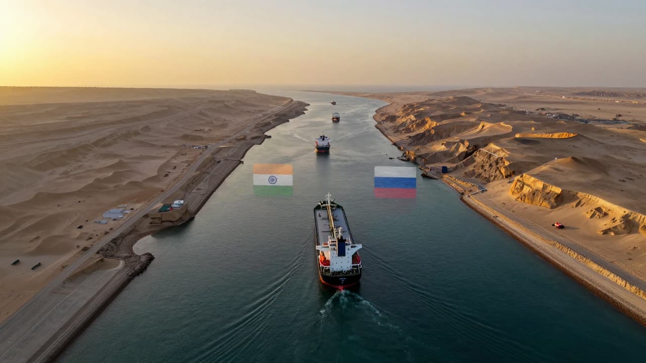 Commercial cargo ships transit a narrow desert oceanic waterway representing global shipping lanes.