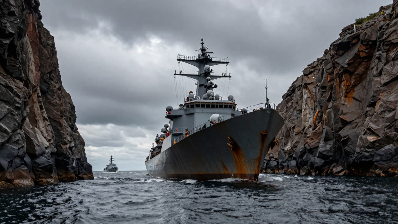 Stormy strait of Hormuz with military vessels navigating turbulent waters under grey skies.