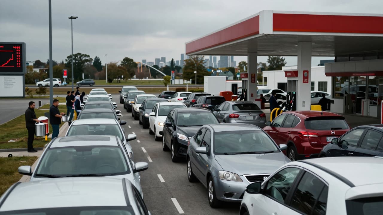 Long queue of vehicles at a fuel station showing public anxiety over supply amid rising global energy costs.
