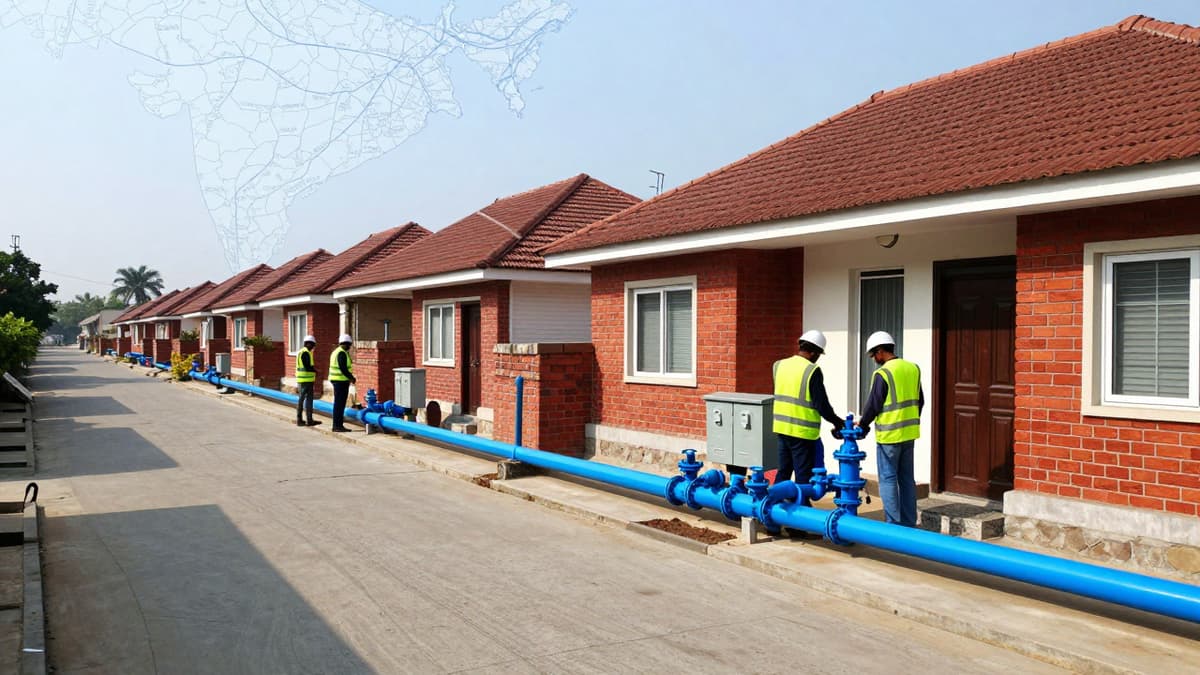 Blue natural gas pipelines running along a residential street with utility workers inspecting the connection infrastructure.