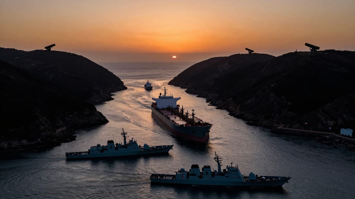 Military vessels and missile launchers guard a strategic shipping lane at twilight.