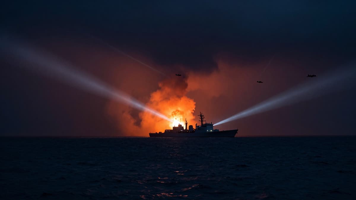 Naval vessel in dark waters with rising smoke from a distant explosion, illustrating a military strike.