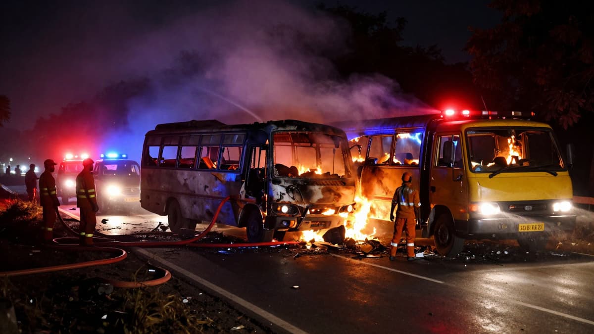 Emergency crews battling a massive fire between a bus and lorry after a fatal crash at night.