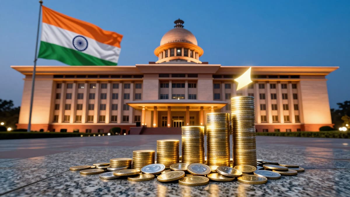 Modern Indian government building exterior with symbolic golden coin data visualization and waving flag