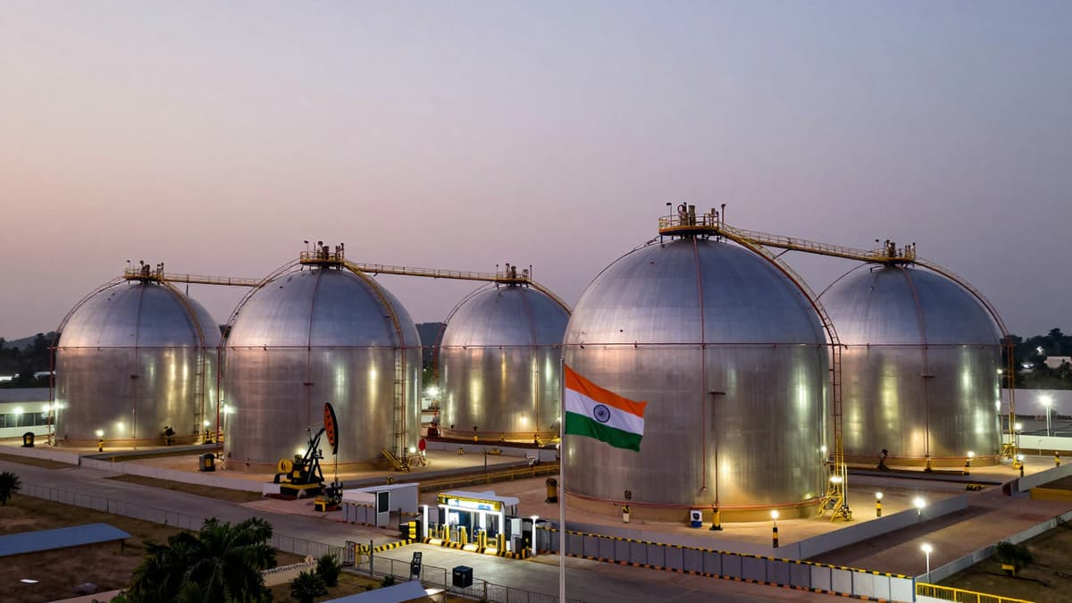 Modern Indian oil storage tanks reflecting twilight sky near a national flag.