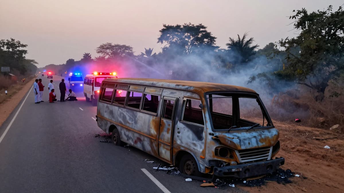 Emergency responders attend to the wreckage of a burnt bus on a rural highway near Markapuram.