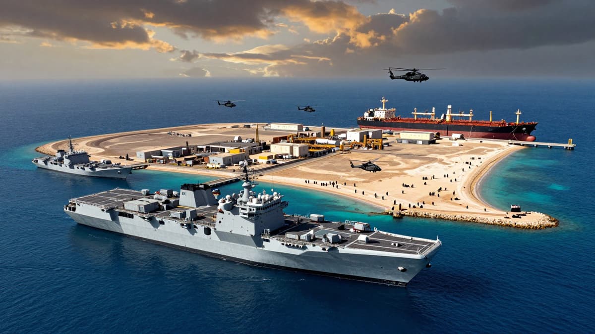 Aerial view of US amphibious ships and attack helicopters near Kharg Island's oil terminals and jetty infrastructure.