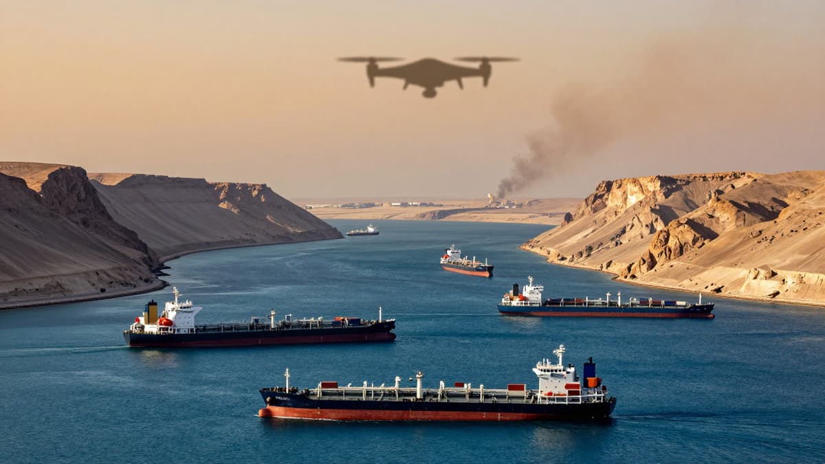 Photorealistic view of halted oil tankers in the Strait of Hormuz with a surveillance drone overhead.