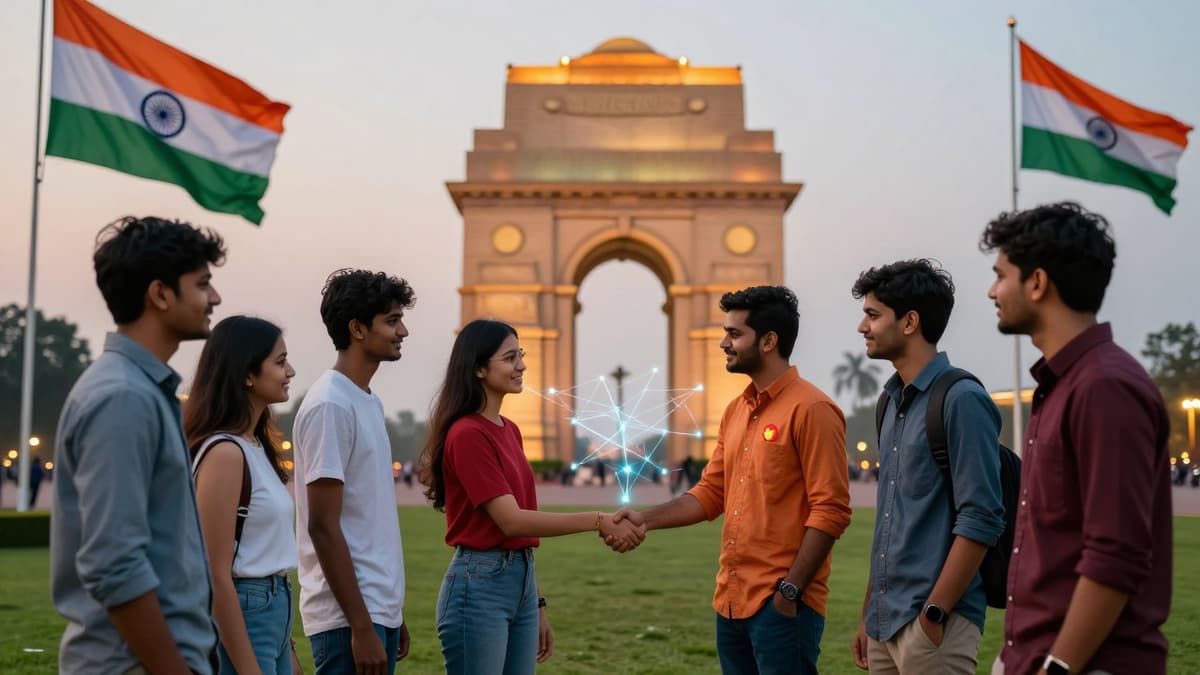 Diverse youth from India and China shaking hands at dusk with flags and digital connection lines.