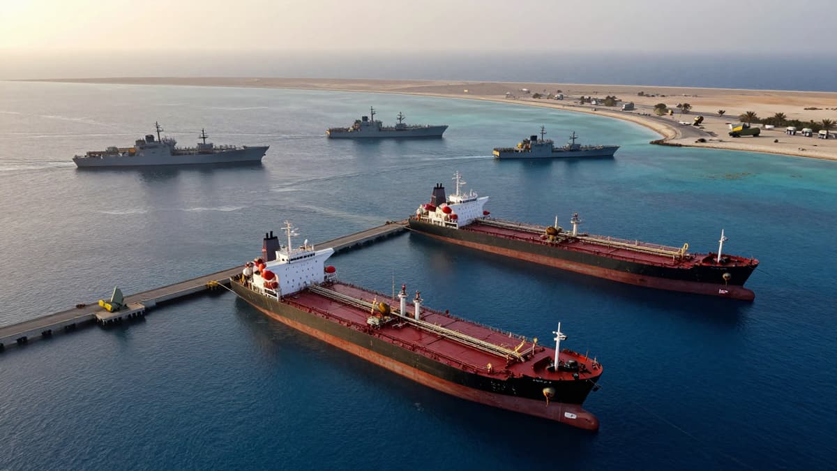 US amphibious ships approaching Kharg Island oil terminal with military defenses visible.