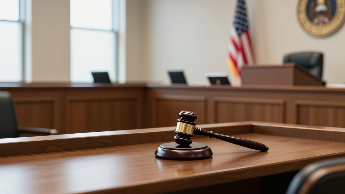 Courtroom scene with judge's bench, gavel, and flag representing international legal proceedings.