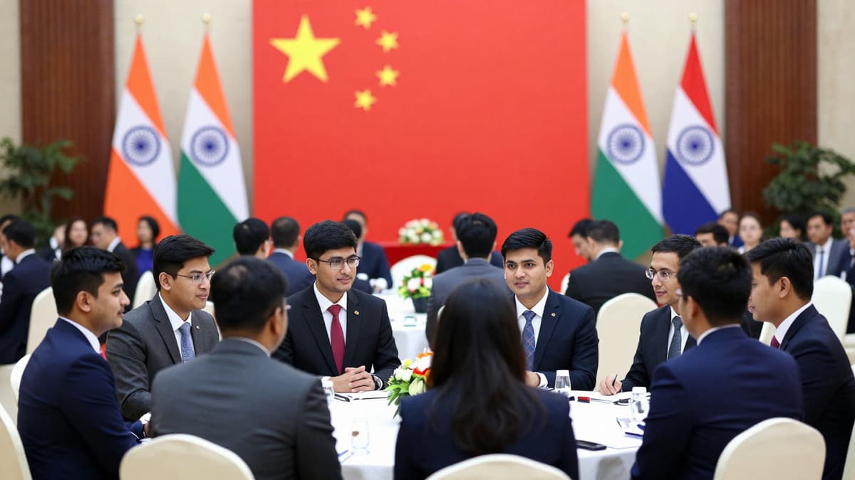 Young Indian and Chinese delegates discuss cooperation at a diplomatic event with national flags in the background.