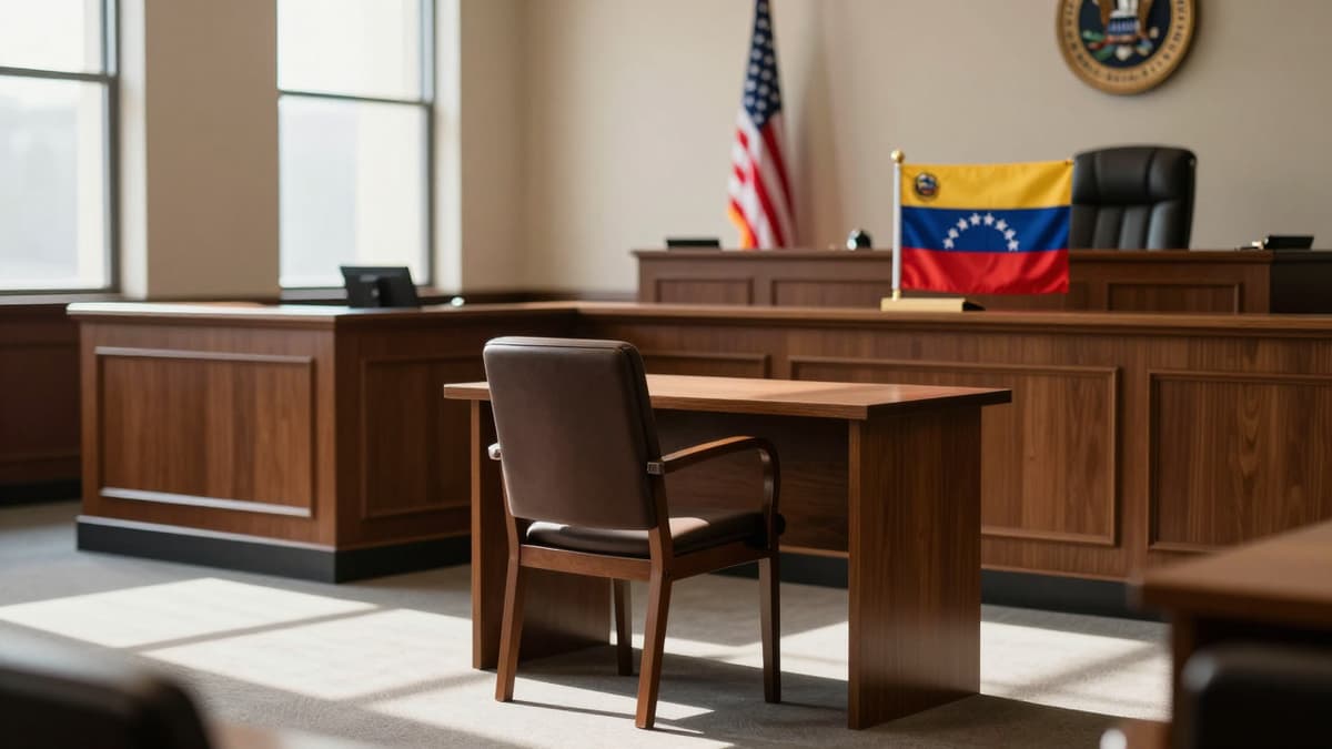 Federal courtroom scene with American and Venezuelan flags representing the legal battle over defense funding.
