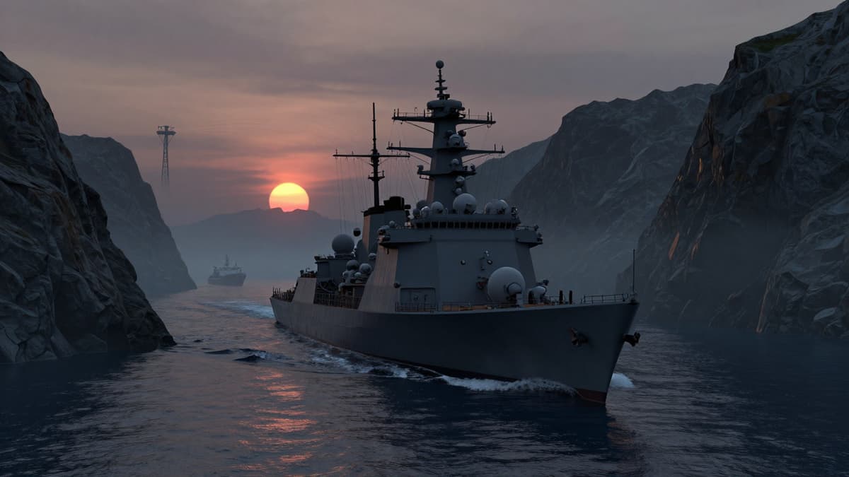 A dramatic 3D rendering of a naval vessel and oil tanker navigating a misty waterway at twilight, symbolizing the strategic importance of the Strait of Hormuz.