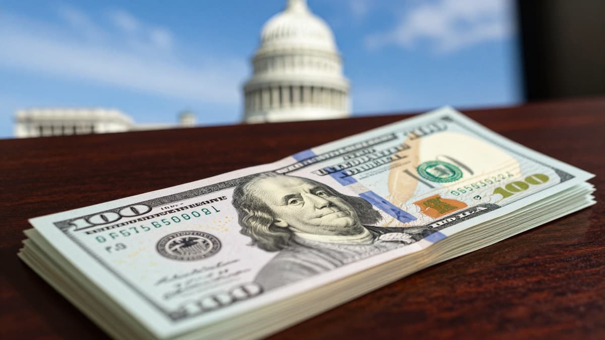 Close-up of crisp US currency featuring the gold seal and historical portrait on a desk with the Capitol in the background.