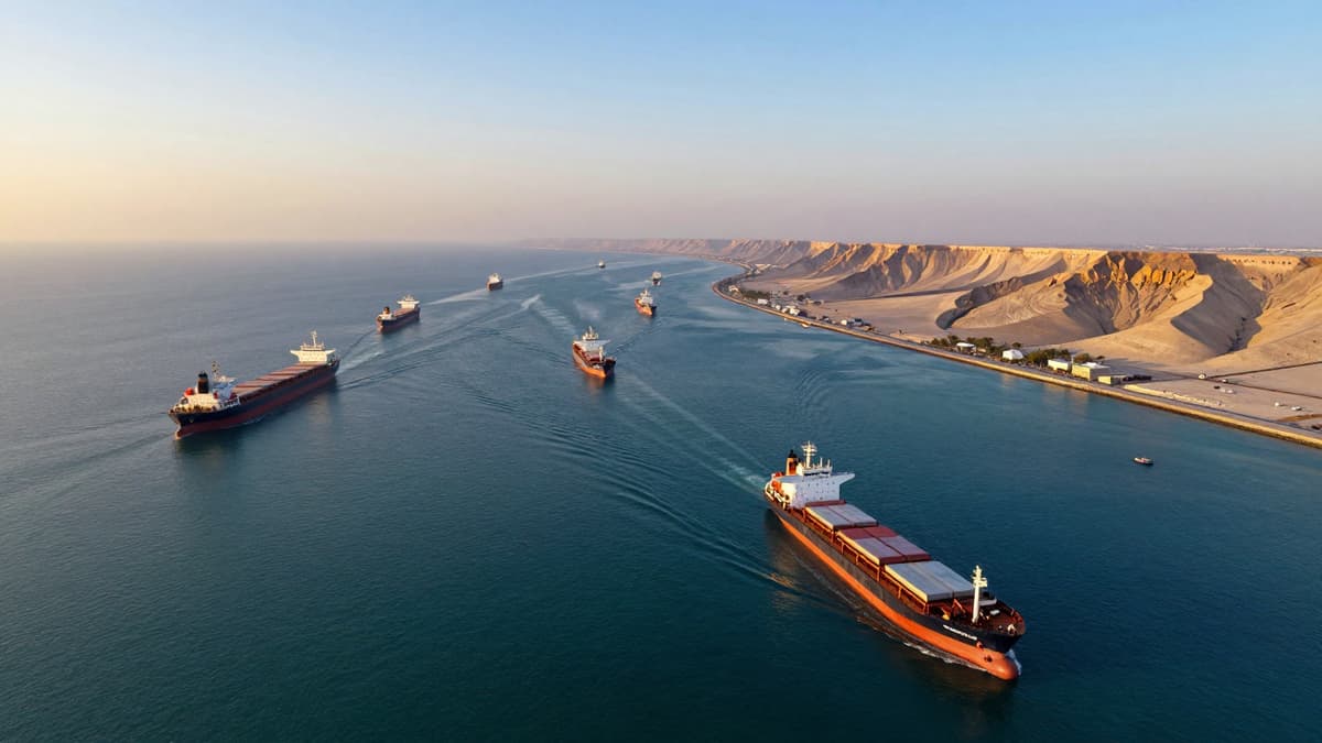 Aerial view of cargo ships and naval vessels navigating the narrow waterway of the Strait of Hormuz between Iranian and Omani coasts.