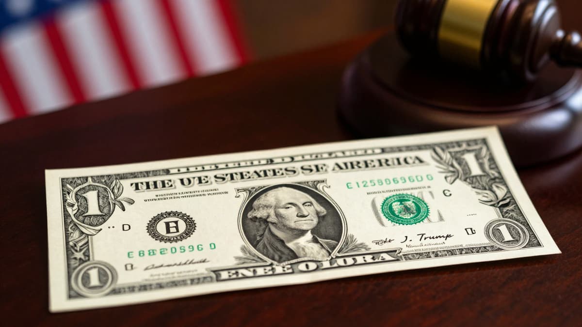 Close-up of US currency featuring a modern president's signature on a mahogany desk.