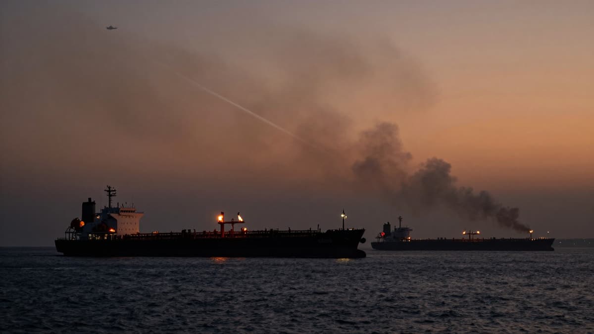 Oil tankers navigate the Strait of Hormuz under a smoky sky filled with distant explosion plumes and interception fire trails.