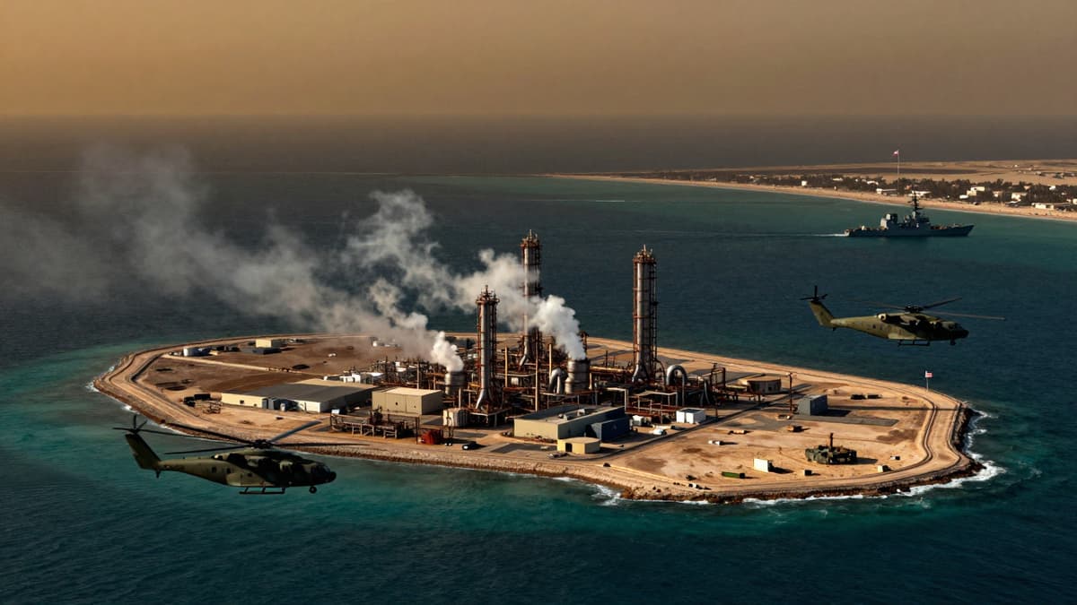 Satellite view of a military operation targeting oil infrastructure on a fortified island in the Persian Gulf at sunset with hovering helicopters.