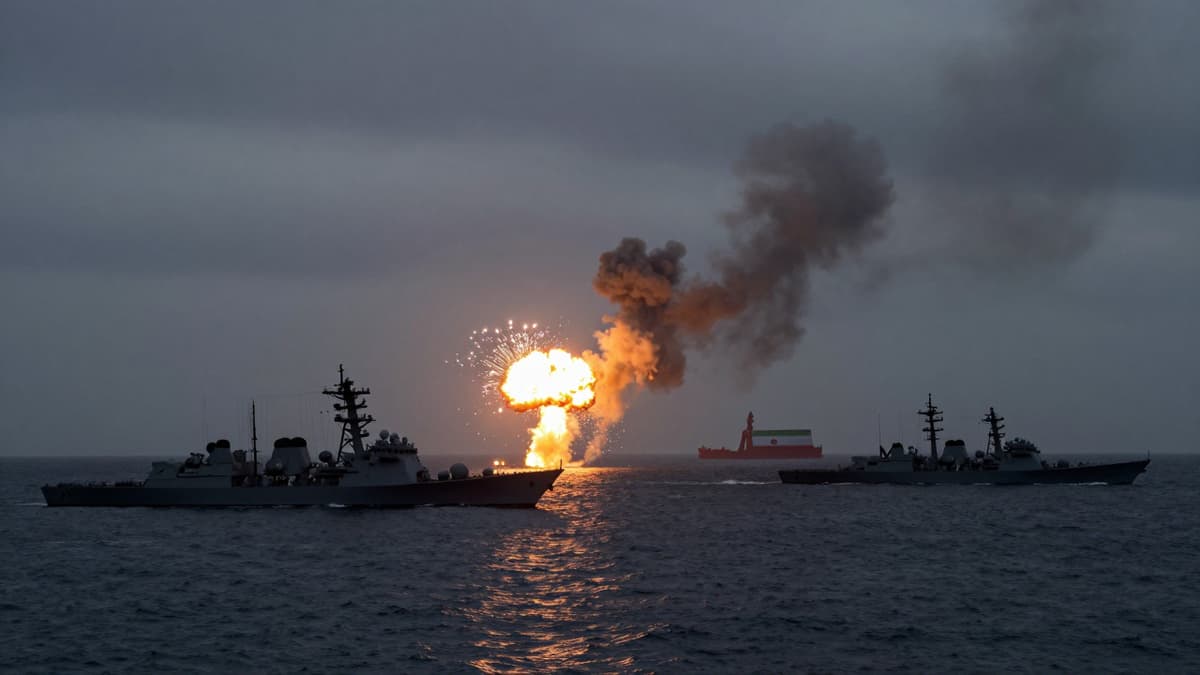 Silhouettes of naval ships and missile systems on dark waters during a twilight conflict with distant explosions.