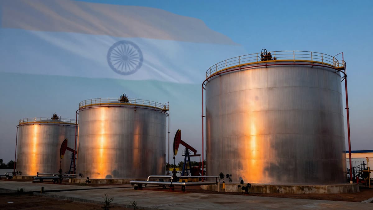 Massive oil storage tanks in India under a twilight sky symbolizing national energy security.